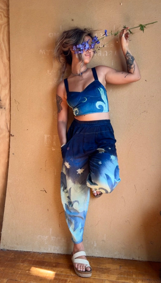 Small - Midnight Swirl Parachute Pants - Soft Milky Lotus Plant waste "Silk" - Short length (recommended for 5.5ft and shorter) Vegan Silk - Milky Soft