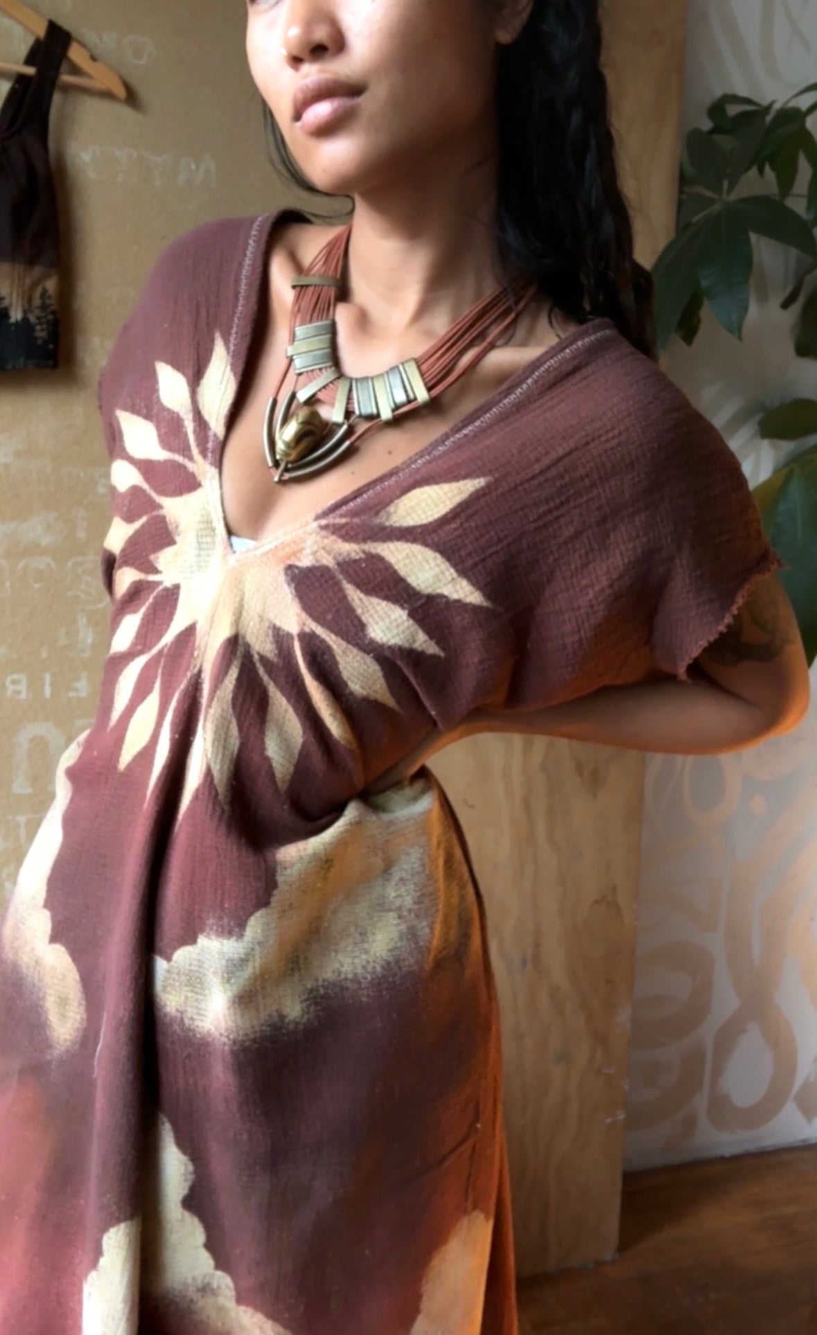 S/M/L Deep Mauve Heart Burst - Henka Dress - 100% Cotton Deadstock -Tie Back Open Weave Fabric - Long Maxi (on 5.5ft model)