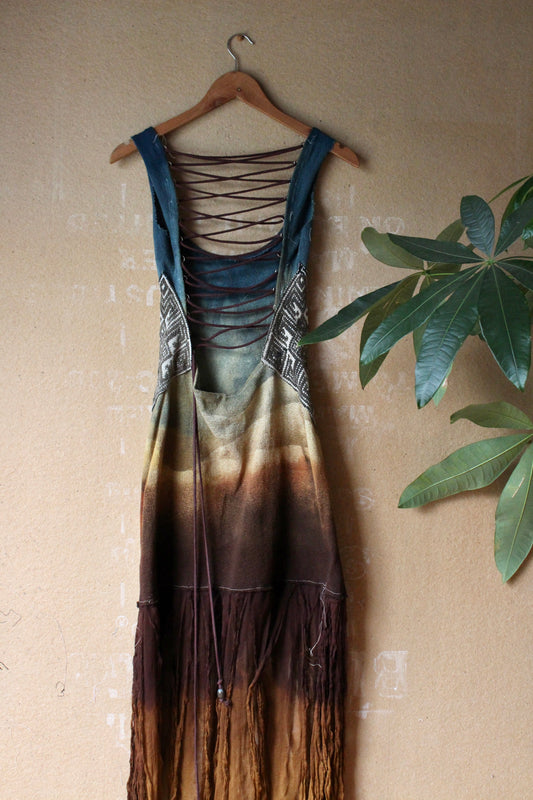 Small/MEdium - Sea Kelp Fringe Dress - 100% knitted cotton - Silk Chiffon fringed hem skirt - WIth tie back and jade beads