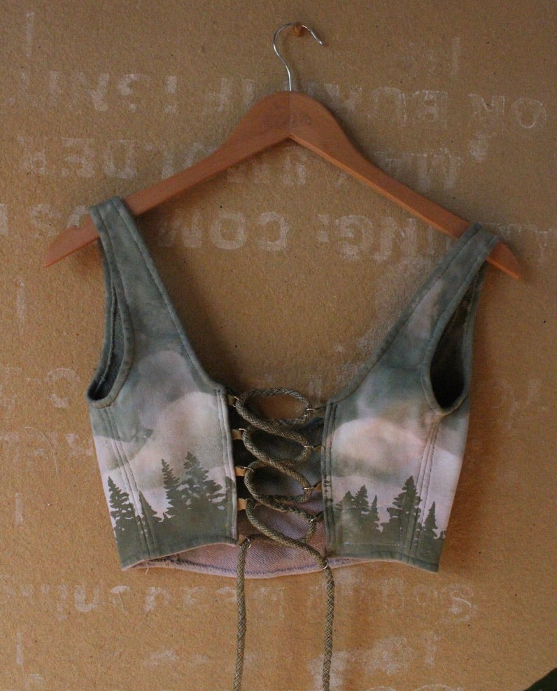 Small - Adjustable open back Corset Top - Forest Mountain Landscape - Organic Thick deadstock french terry - regenerative fashion - Screen printing