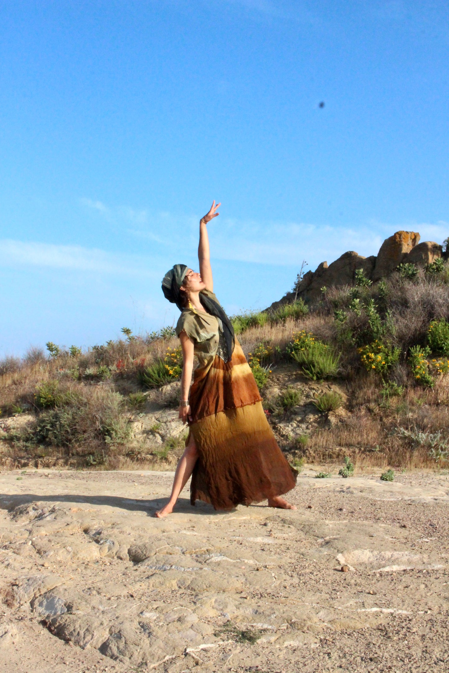S/M/L - Golden hour Landscape - Henka Dress Maxi dress- Silk Chiffon skirt hem- Vintage handwoven hmong hill tribe tapestry center embellishment - Tie backs For pulling back