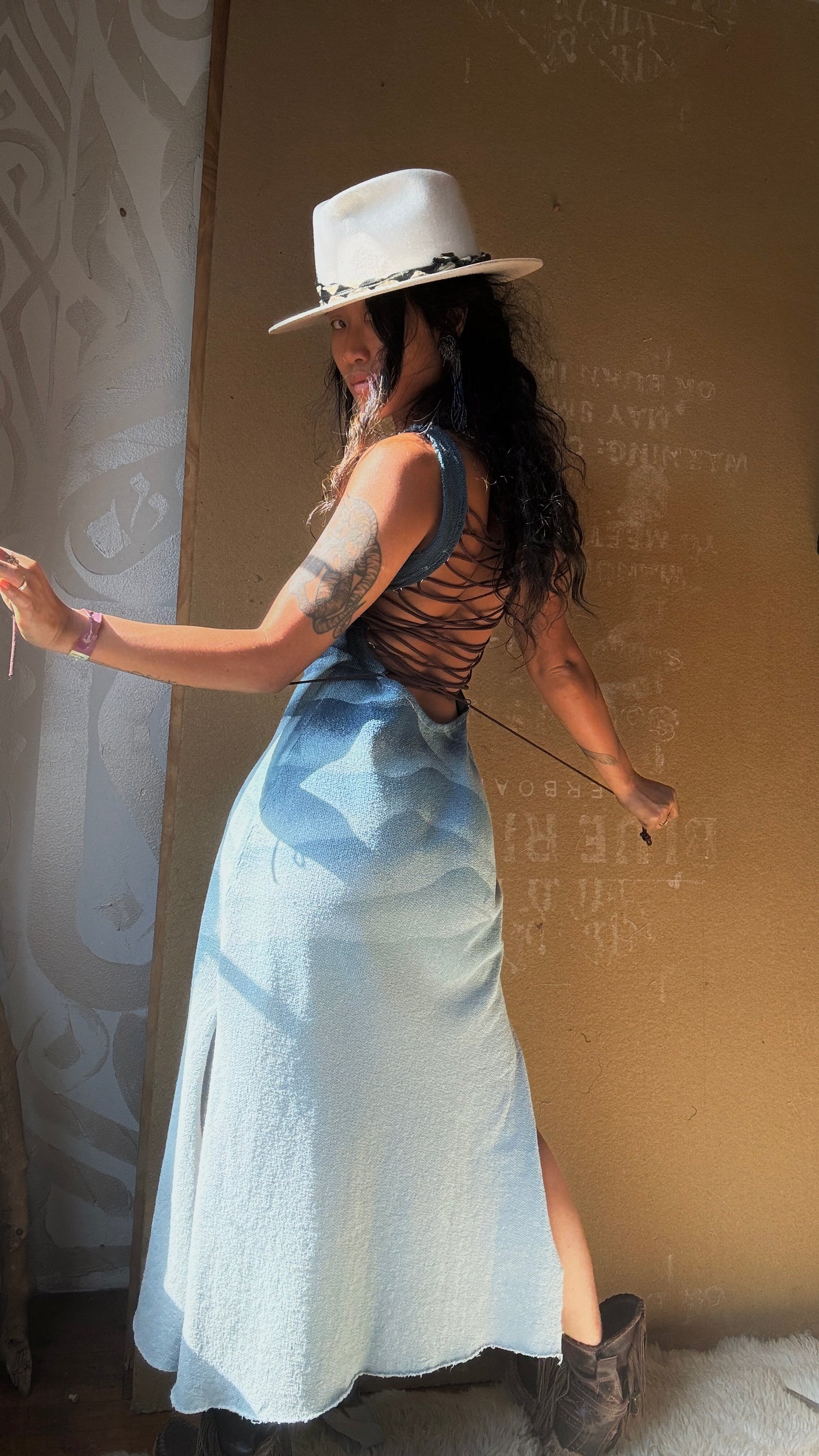 Small - Blue Ridge Mountains Dress - Side slits - Tie Back - Made from 100% Heavy weight knitted cotton - Blue dreams
