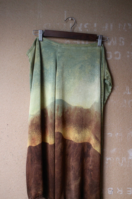 M/L/XL - Mountain Serenity Tapestry landscape wrap skirt - Green/Yellow hues orange peel wast sillk fabric