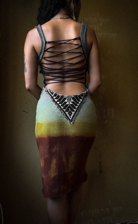 Small- Poly Chrome Risings Dress- OOAK - 100% Cotton Knit - Hmong hill tribe tapestry- Open tie back