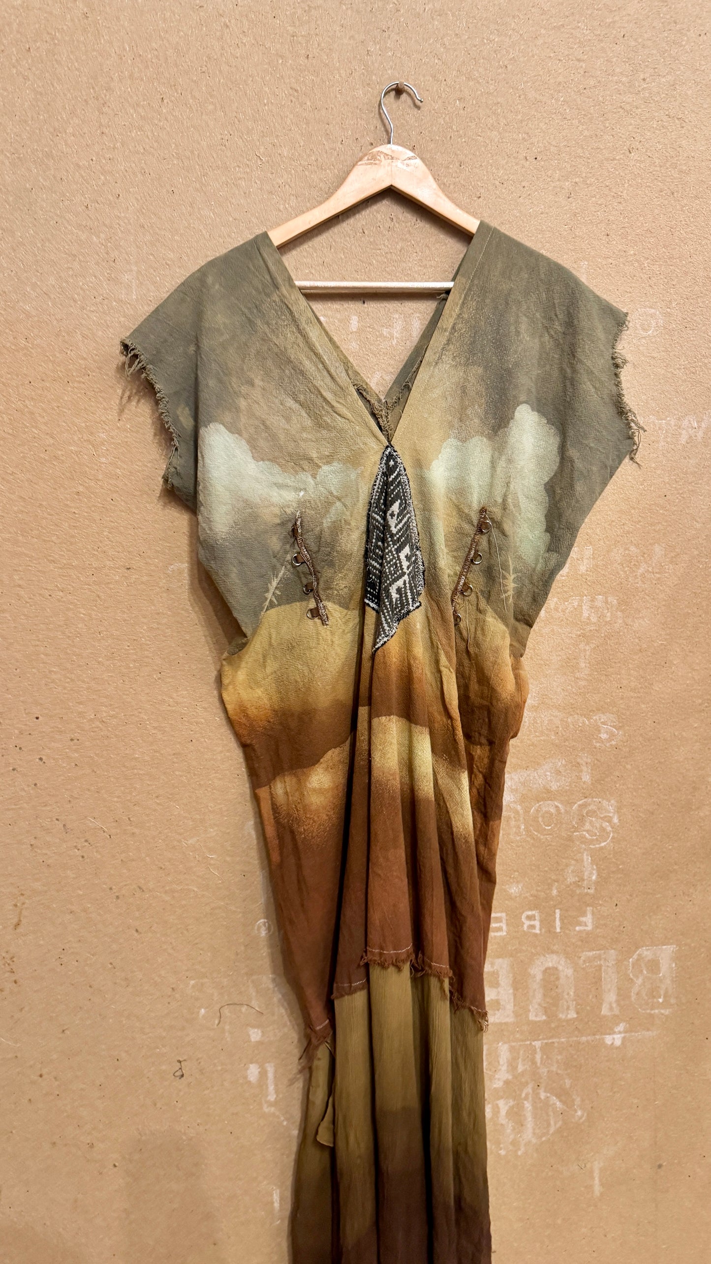 S/M/L - Golden hour Landscape - Henka Dress Maxi dress- Silk Chiffon skirt hem- Vintage handwoven hmong hill tribe tapestry center embellishment - Tie backs For pulling back