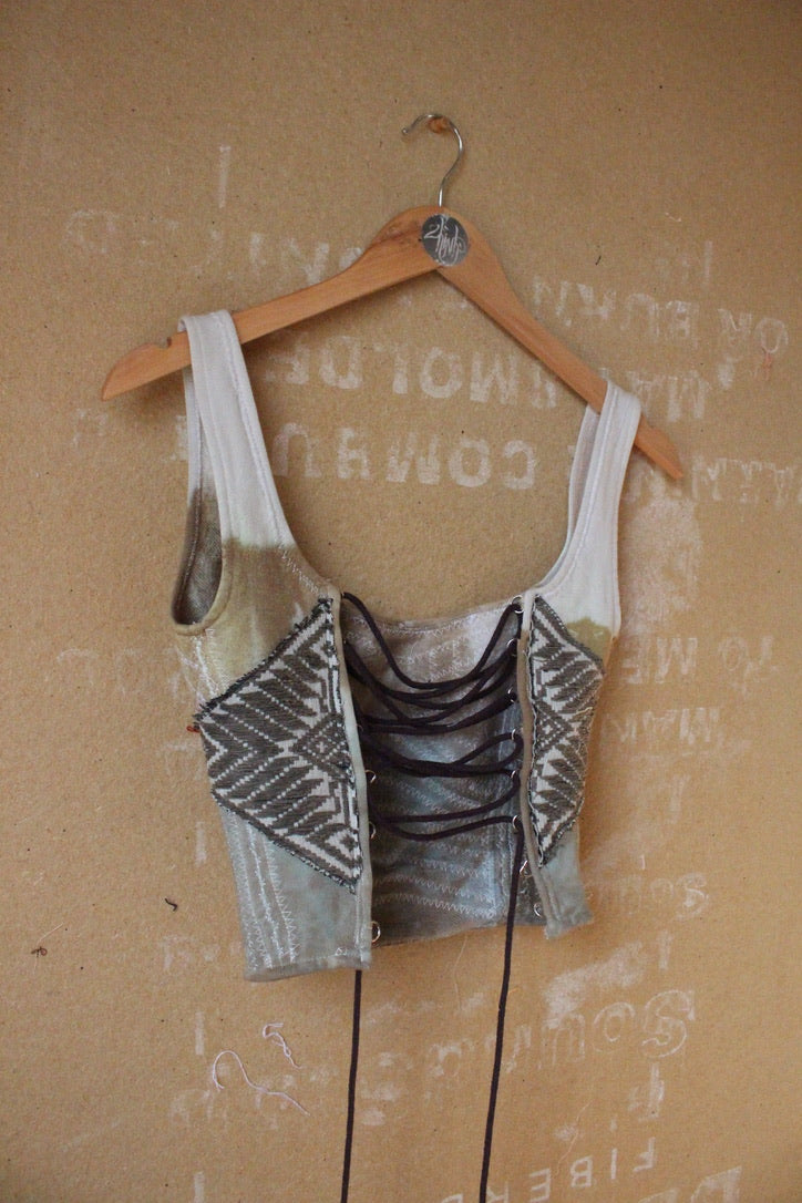 Small or Medium - Continuum full length Corset top - Vintage 70's hmong hill tribe vietnamese woven tapestry patches - adjustable