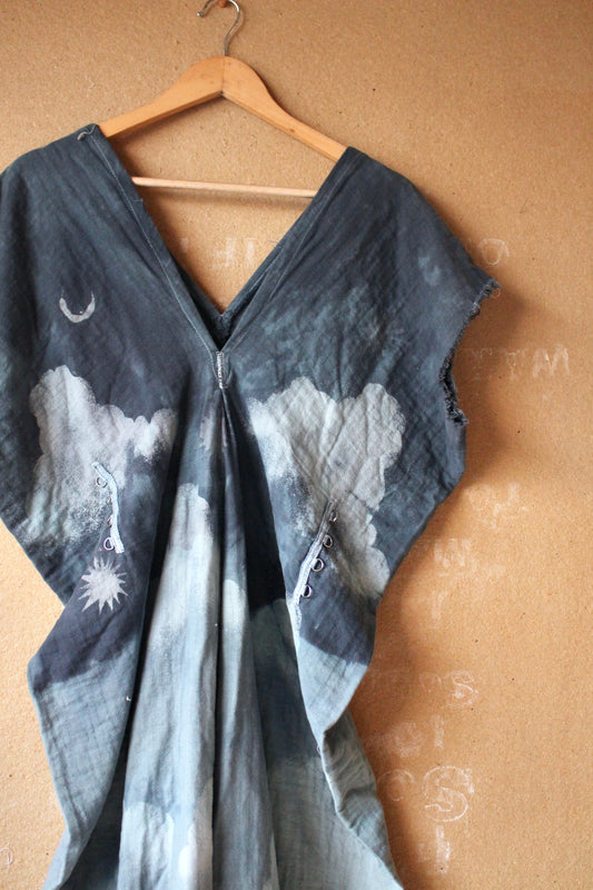 S/M/L/XL - OOAK - The thick Blanket Henka Dress - CLoudy blue skies Henka Dress - -Tie back Heavy heavy weight cotton gauze - 100% Cotton GAuze - 3 layered cotton gauze - Perfect for camping - like a blanket HEnka