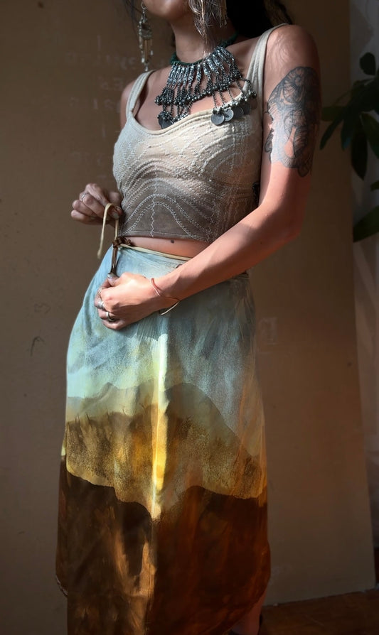 MTO (Made to order)- Limited slots- The Mountain Serenity Landscape Tapestry Wrap Skirt - Made from Orange peel waste 'Silk"