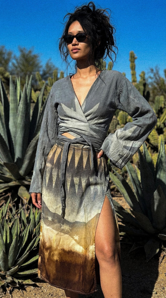 S/M - The Cold Front over the Desert -OOAK Landscape Tapestry Wrap Skirt- Orange peel waste "silk" Fabric- Dip dyed- Handcut Stencil design