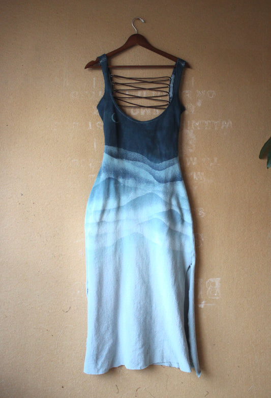 Small - Blue Ridge Mountains Dress - Side slits - Tie Back - Made from 100% Heavy weight knitted cotton - Blue dreams
