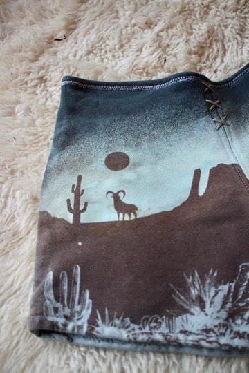 Small - Canyon Blues Bootie Shorts- Owl - THick French terry cotton heavy weigth sturdy durable -Screenprinted