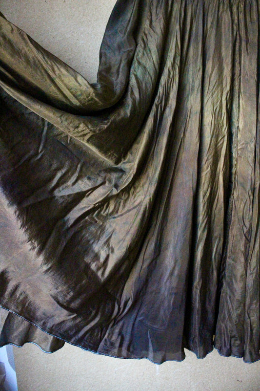 Marked Down -Small - Bronze Beetle Maxi/midi Skirt - Made from 8 meters of 100% Peace Ahisma Silk - Hand dyed- Olive green/bronze/brown -OOAK
