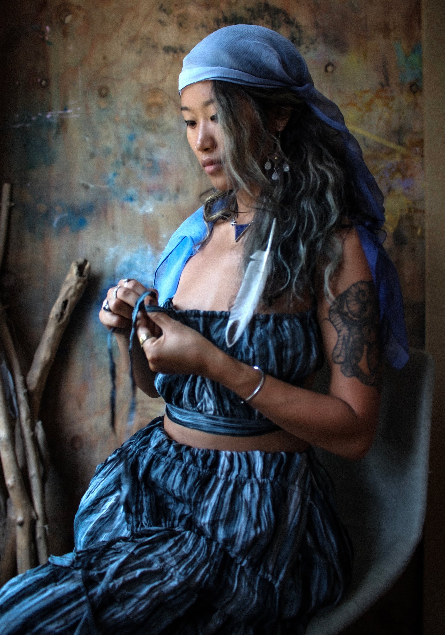 Zhinh Rise - Lapis & Sand Stone Top - 100% Vietnamese hand loomed silk - hand dyed