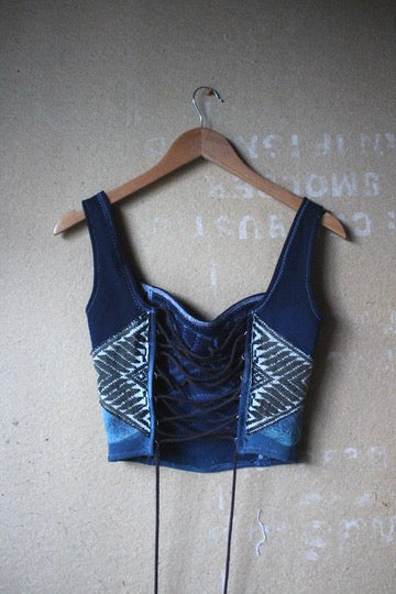 2 in stock- Fits XS/S - Deep Water Spirit Continuum/Integration -Corset Top - FUll length -100% thick sturdy heavy weight Cotton french terry - Deadstock fabric- regenra-zhinh