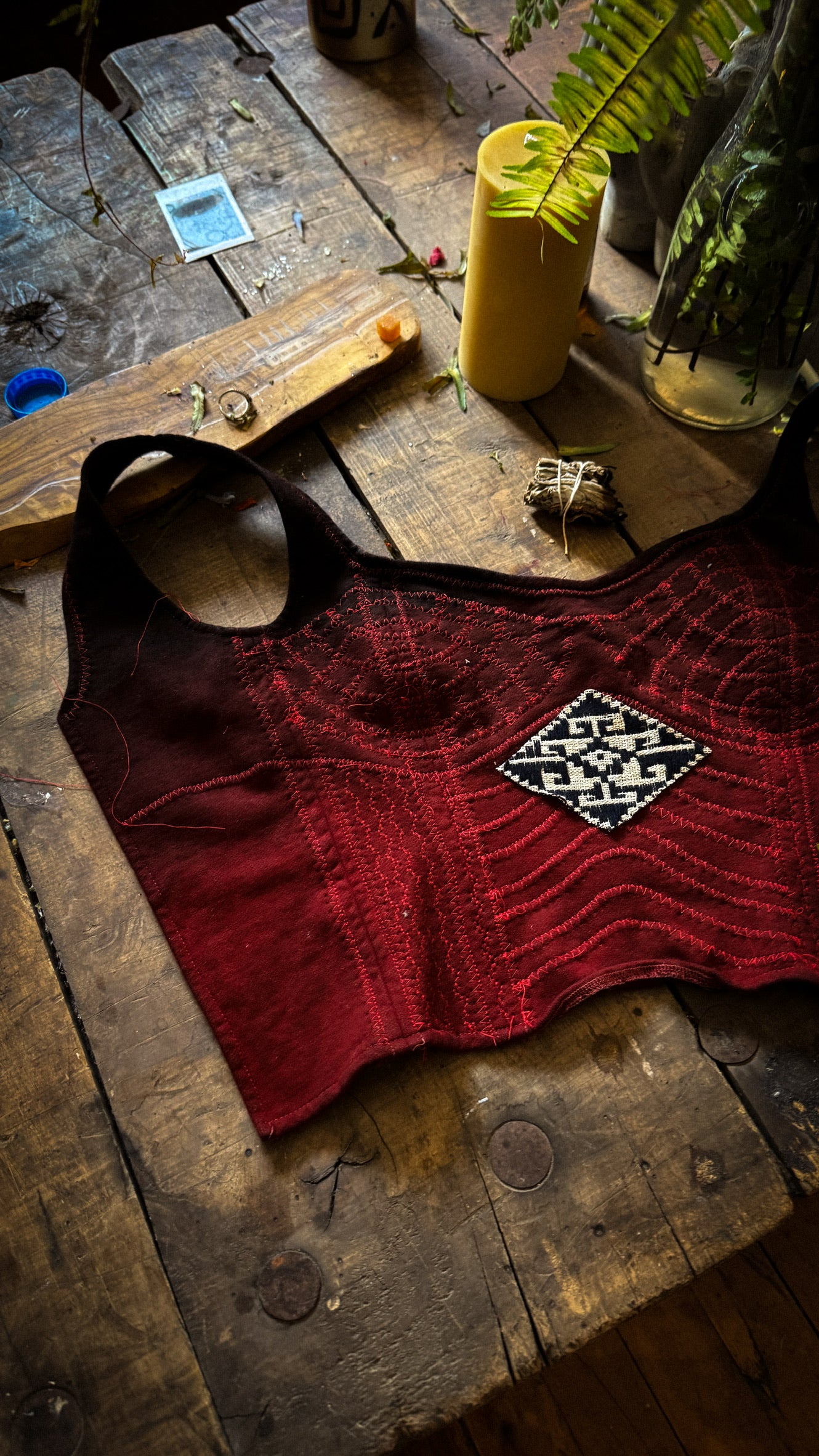 RTS -Fits XS and Small- Continuum Integration-Charcoal Embers Corset Top -Ready to Ship- Hand dyed-70's Vintage Vietnamese Hmong hilltribe woven textile patches