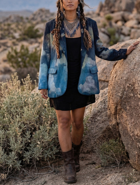 Small - Business with the Midnight Sky Blazer -Linen - Upcycled - Small - padded shoulder - Business Playful