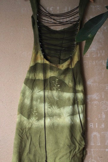 Small- Emerald Mountain scape Dress - 100% thick knitted cotton - Heavy Weight. - hearty - deadstock - tie back