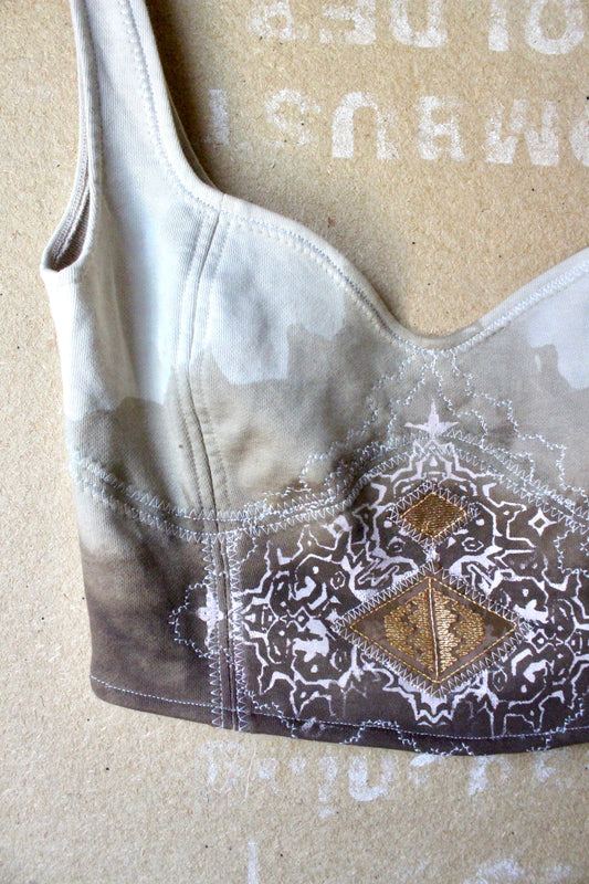 New! Large - Taupe Rugspell Corset top - Open Adjustable Back - With tan Cording Rope - OOAK- Screen Printed/Dip dyed/stitch details-Ready to Ship