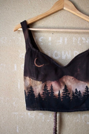 Small - Dark Night Corset Top - Trees landscape - crescent moon- 100% organic heavy weight thick strong french terry - Sturdy