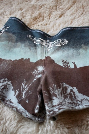 Small - Canyon Blues Bootie Shorts- Owl - THick French terry cotton heavy weigth sturdy durable -Screenprinted