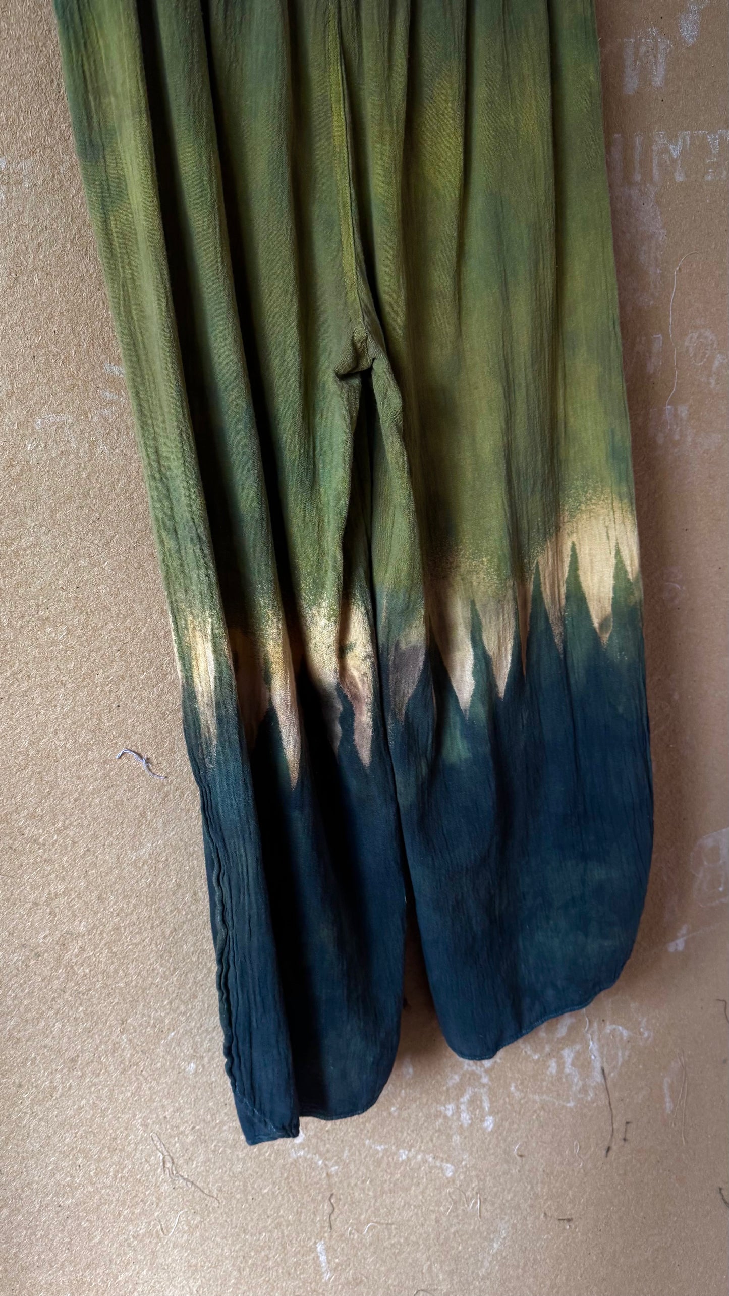 9 Pants - Small (Short) GREEN Mountianous - 100% Cotton Gauze- Airy- Stretch Waist - Side bottom pants slits-Regenerazhinh Upcycled Pants (Copy)