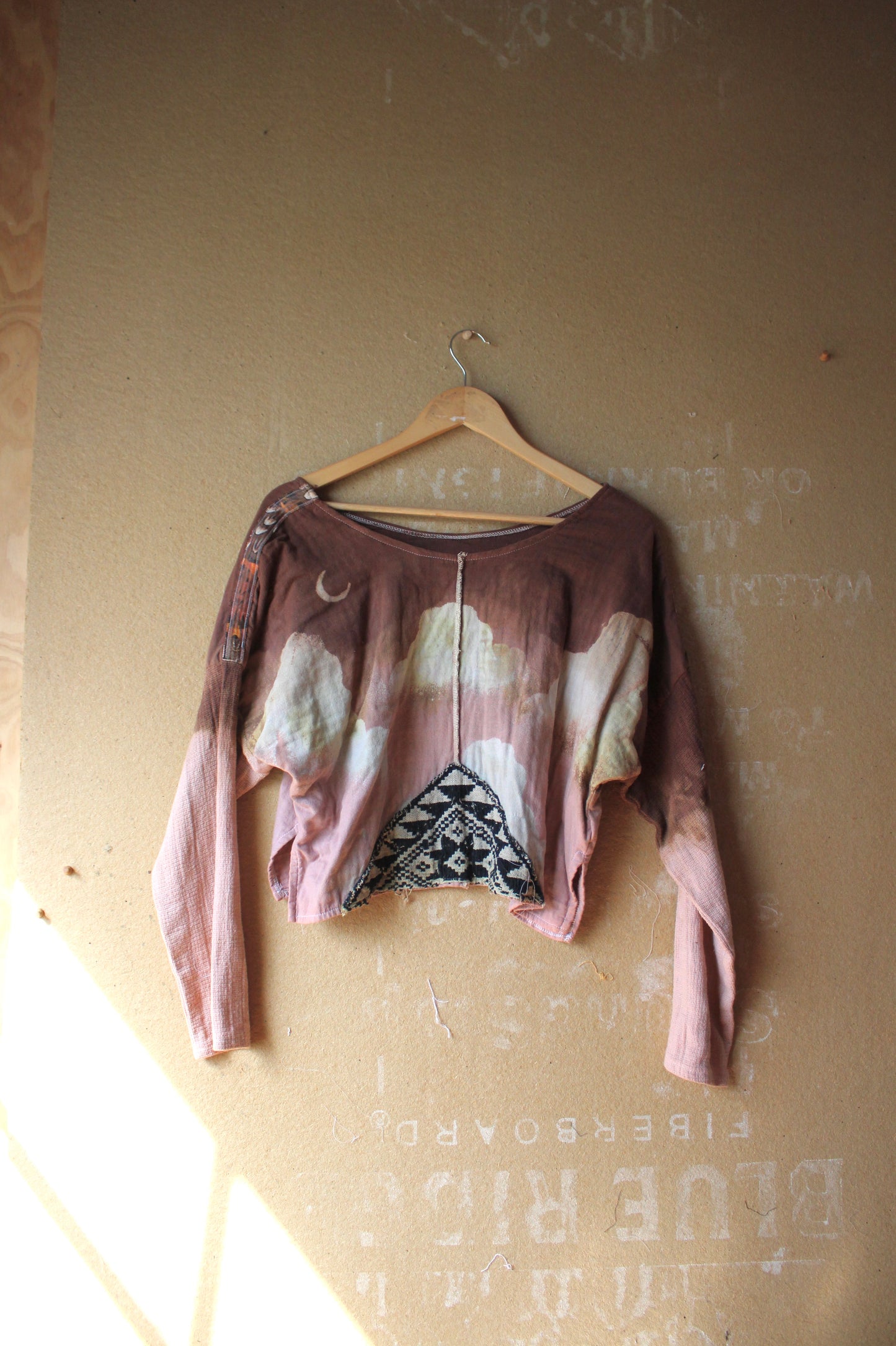 Medium - OOAK - Muave CLoudy Sky Slouchy Long Sleeve Top -Integration- 100% Heavy weight triple layered Cotton Gauze - Feather trim shoulders- Slight Crop. Vintage hmong hilltribe vietnamese patch hand woven