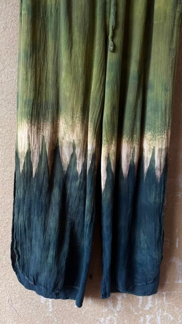 9 Pants - Small (Short) GREEN Mountianous - 100% Cotton Gauze- Airy- Stretch Waist - Side bottom pants slits-Regenerazhinh Upcycled Pants (Copy)