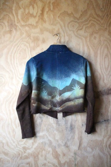 XS -Midnight Landscape - Crescent Moon - Cropped Cadet Jacket - 100% Cotton french Terry Thick sturdy heavy weight - warm - Deadstock fabric - High collar-