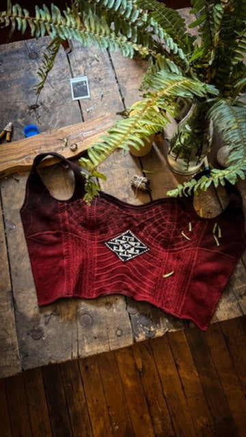 Small- Charcoal Embers Continuum Integration-Charcoal Embers Corset Top -Limited Edition- 2 Ready to Ship- Hand dyed-70's Vintage Vietnamese Hmong hilltribe woven textile patches