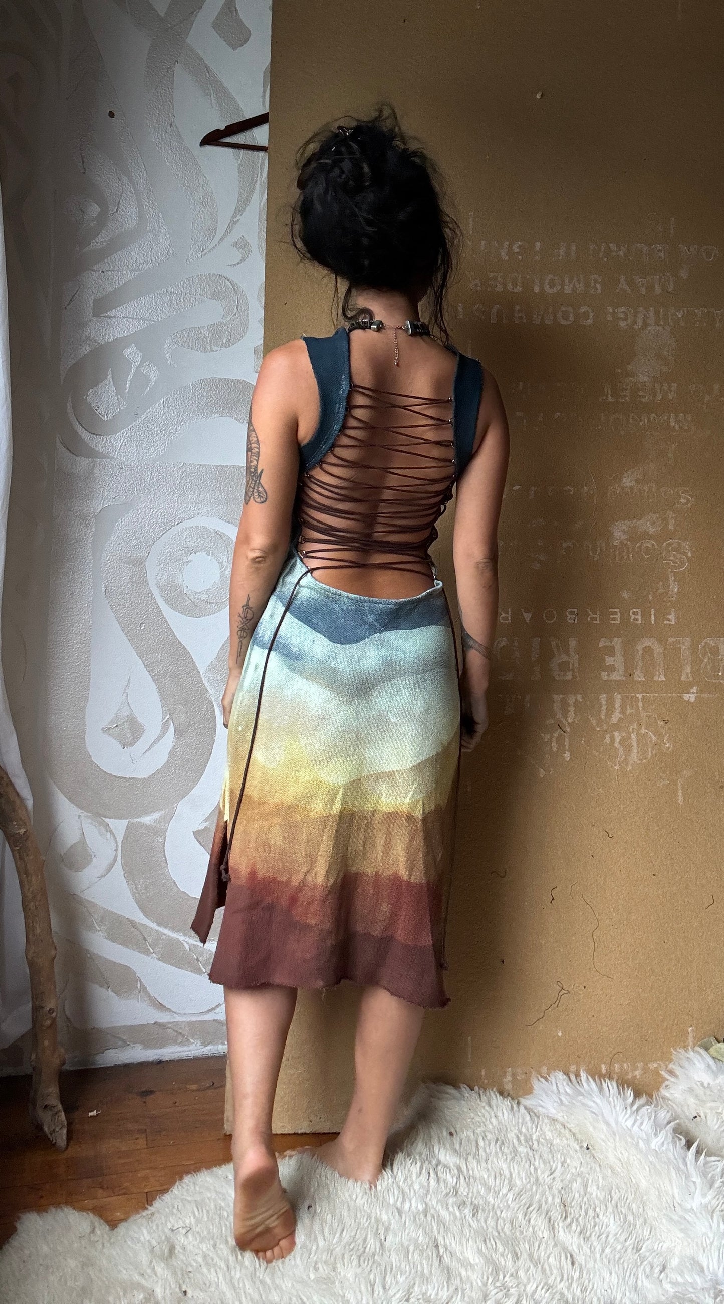 S/M - Poly Chrome Settings Landscape short Dress - Thick strap - 100% heavy weight knotted cotton - hearty