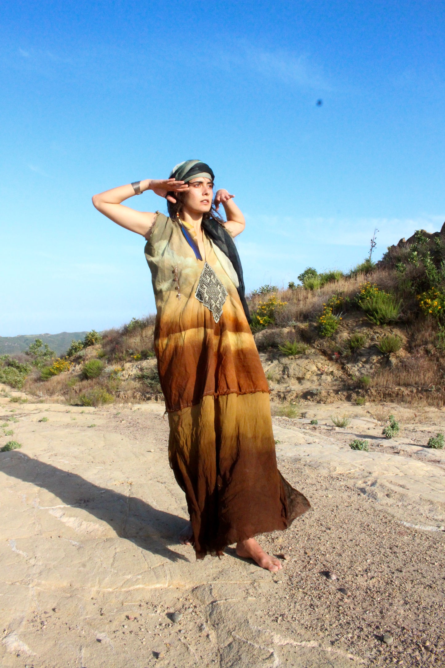 S/M/L - Golden hour Landscape - Henka Dress Maxi dress- Silk Chiffon skirt hem- Vintage handwoven hmong hill tribe tapestry center embellishment - Tie backs For pulling back
