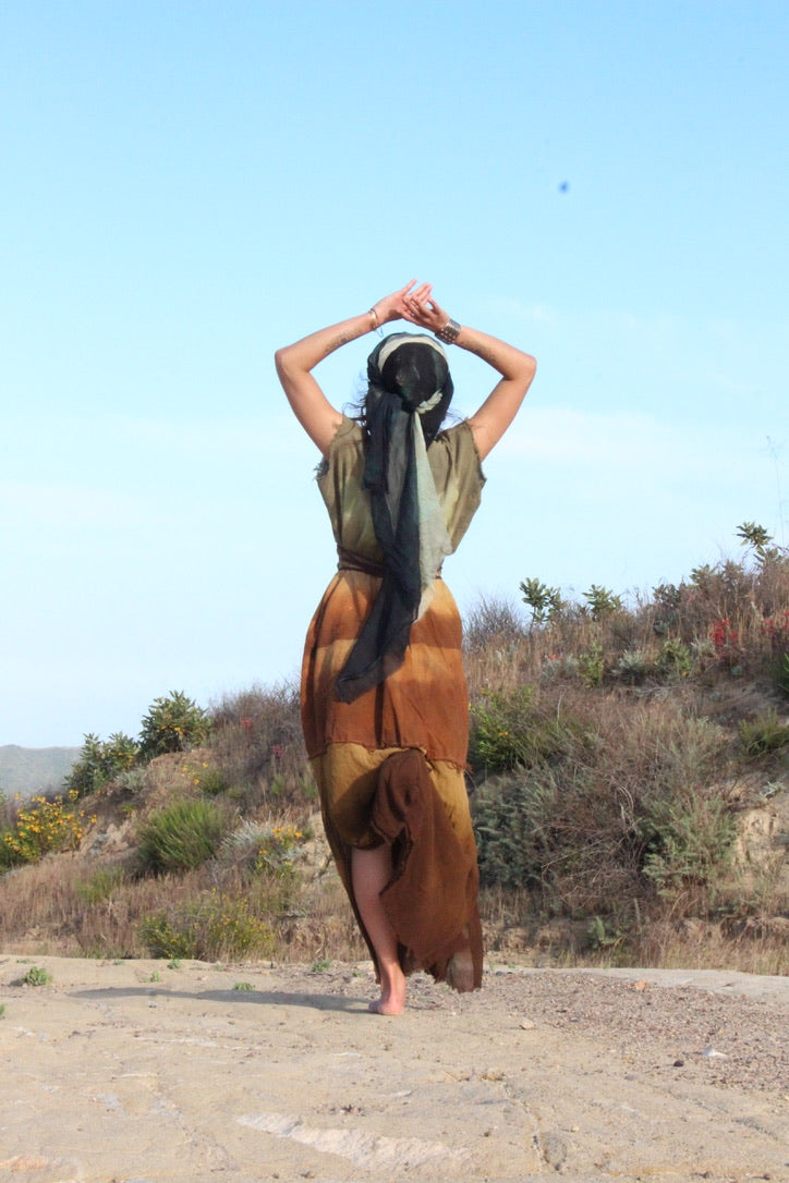 S/M/L - Golden hour Landscape - Henka Dress Maxi dress- Silk Chiffon skirt hem- Vintage handwoven hmong hill tribe tapestry center embellishment - Tie backs For pulling back