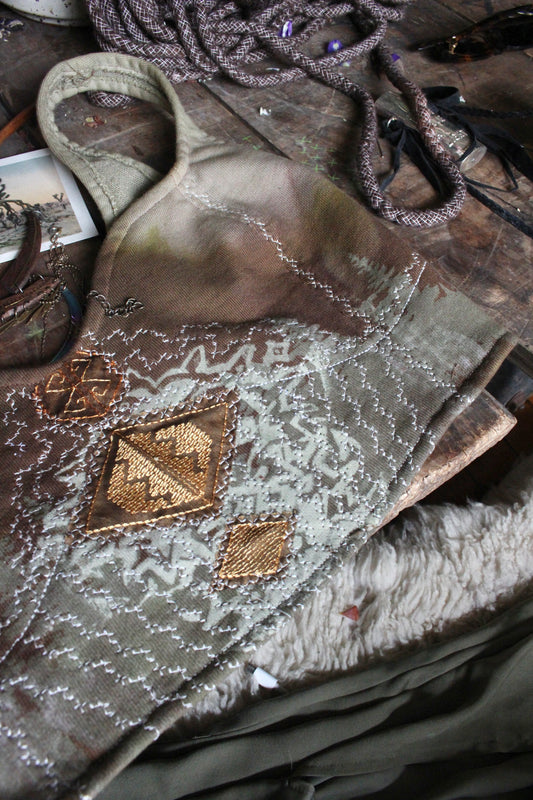 new RTS - 1 Medium -Muted Green/Brown The Rug Spell Corset Top- OPen adjustable back