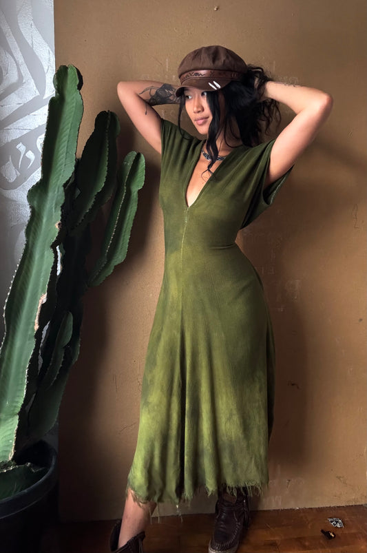 Regular (Fits S/M/L) Midi- Olive Green Henka Dress - 100% Novelty Cotton - Deadstock Fluid and very soft&textured