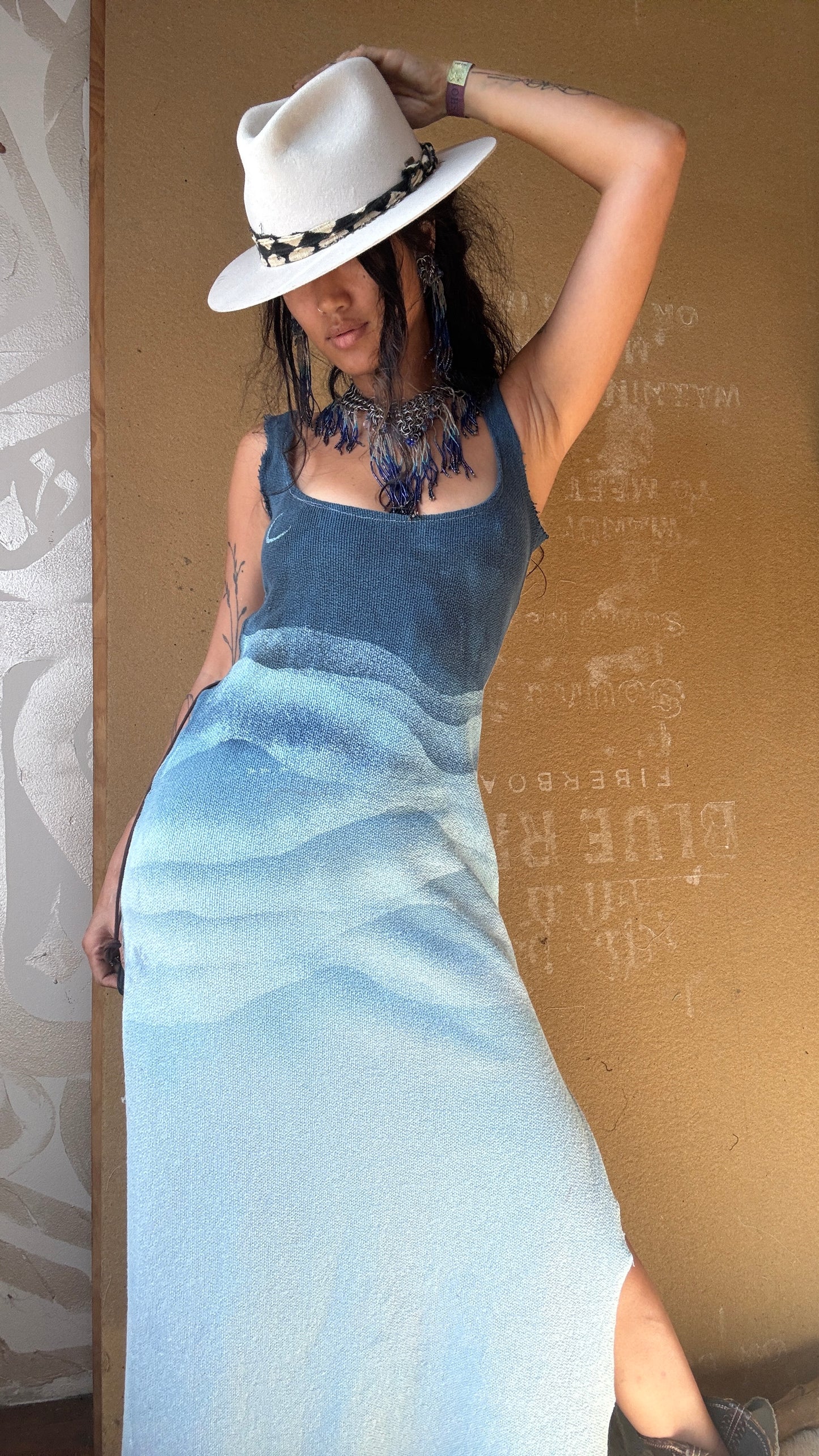 Small - Blue Ridge Mountains Dress - Side slits - Tie Back - Made from 100% Heavy weight knitted cotton - Blue dreams