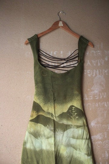 Small- Emerald Mountain scape Dress - 100% thick knitted cotton - Heavy Weight. - hearty - deadstock - tie back