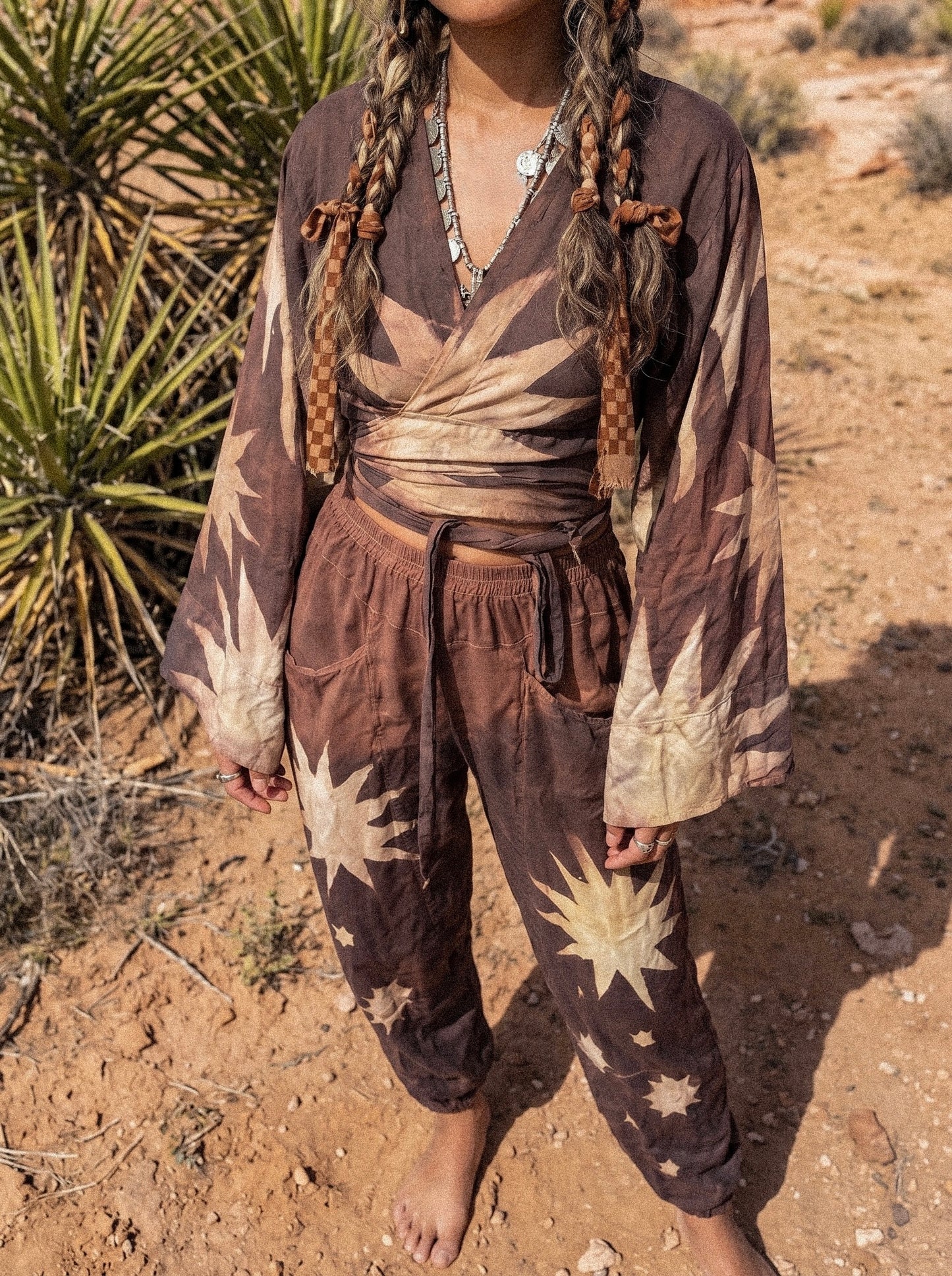 S/M- Mauve Starburst -Kimono Wrap Top- RTS- Regal/Casual - Bell sleeves- Made From Lotus Agricultural waste "Silk"