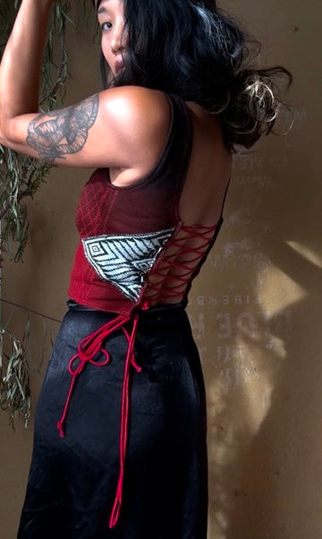 RTS -Fits XS and Small- Continuum Integration-Charcoal Embers Corset Top -Ready to Ship- Hand dyed-70's Vintage Vietnamese Hmong hilltribe woven textile patches