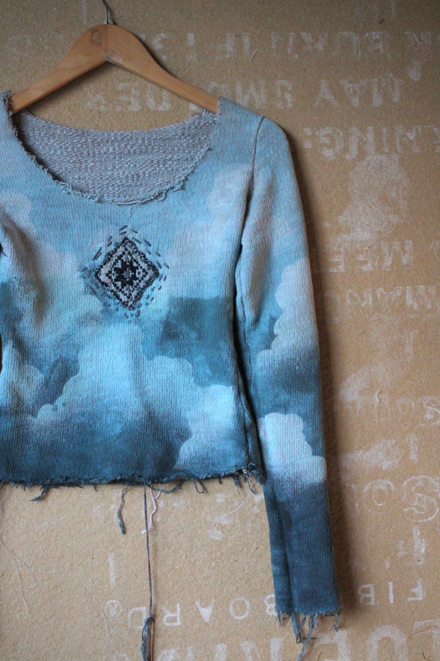 Small - Cloudy Sky Long sleeve Sweater top Integration-limited- Crop is Optional- Hand embroidered details- 70's Hmong hill tribe Handwoven Patch -100% Italian French Terrry Cotton -