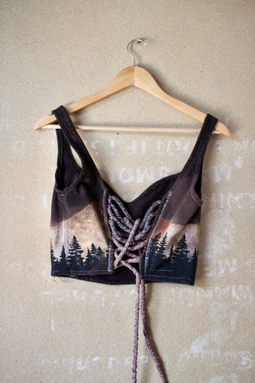 Small - Dark Night Corset Top - Trees landscape - crescent moon- 100% organic heavy weight thick strong french terry - Sturdy