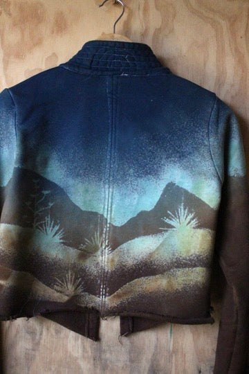 XS -Midnight Landscape - Crescent Moon - Cropped Cadet Jacket - 100% Cotton french Terry Thick sturdy heavy weight - warm - Deadstock fabric - High collar-