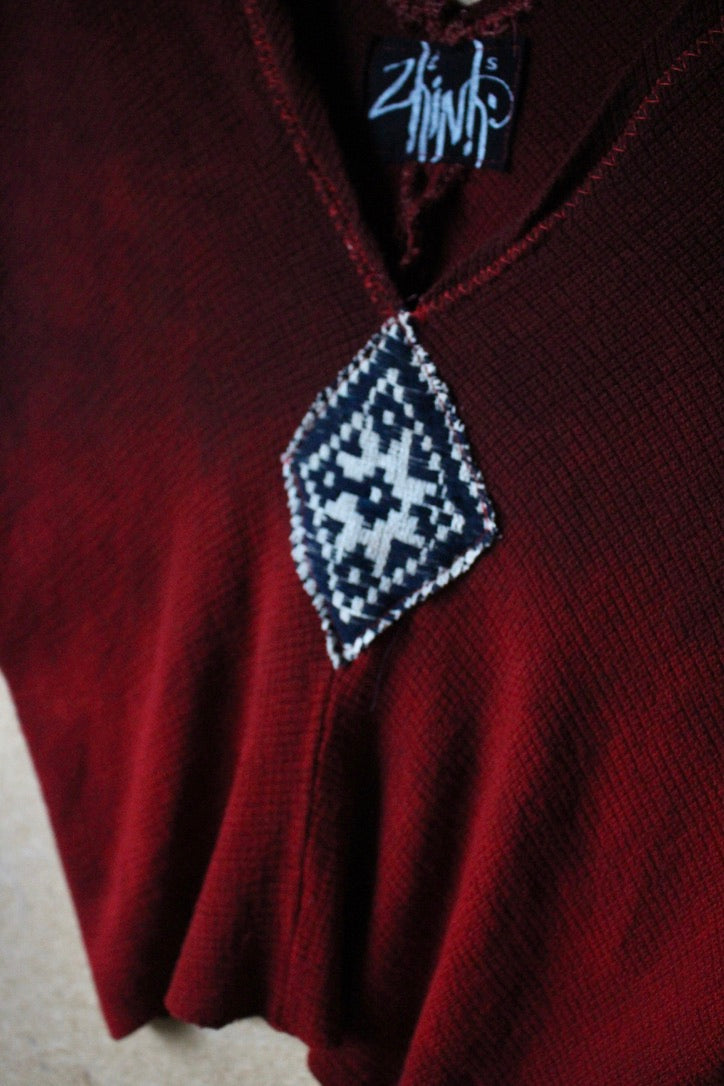 Charcoal Embers Henka Top -Fits XS/S Integration - 70's Handwoven Hmong hill patch center