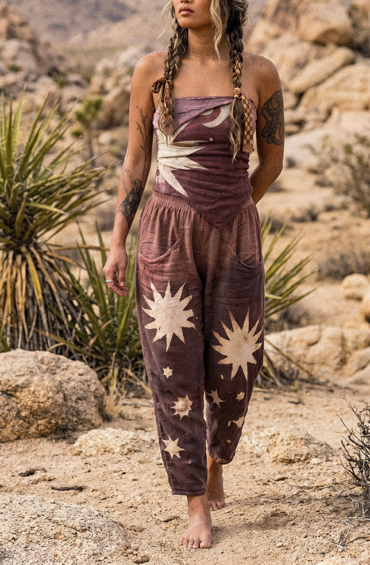 Small -Mauve Celestial Starburst Origami Tube Top- Back Shirring stretch - Lotus "silk" lining- 100% Organic Kala Cotton exterior fabric