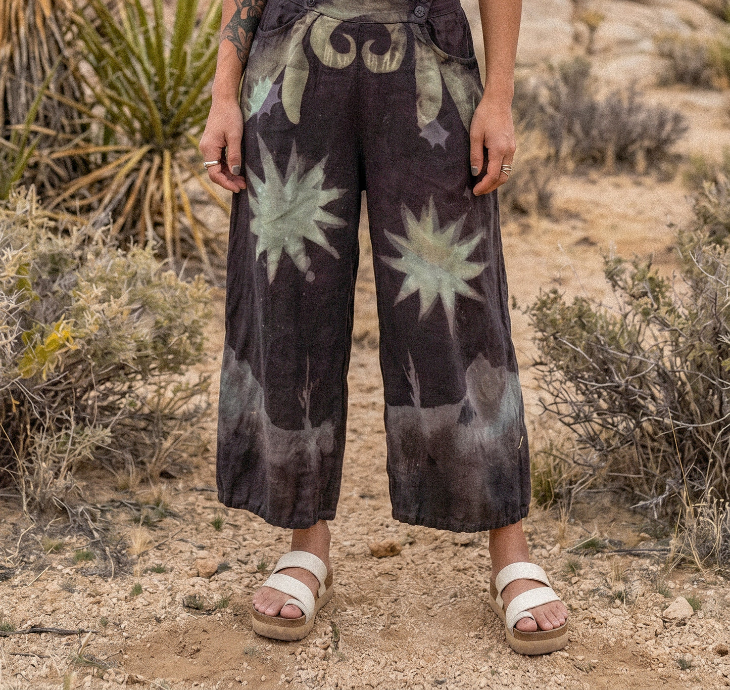 Small/Medium - Mysteries of transformation Pants - OOAK Wide Legged - Short - 100% LinenLinen Pants - upcycled/ Regenerazhinh