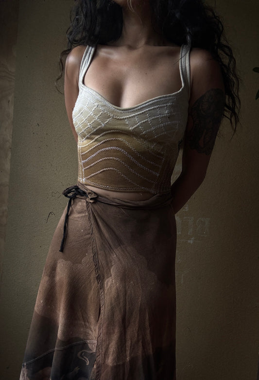 New! XSmall- The Continuum Corset - Vintage Hmong Hill tribe Tapestry Embellishents and Jasper stone beads on tie back