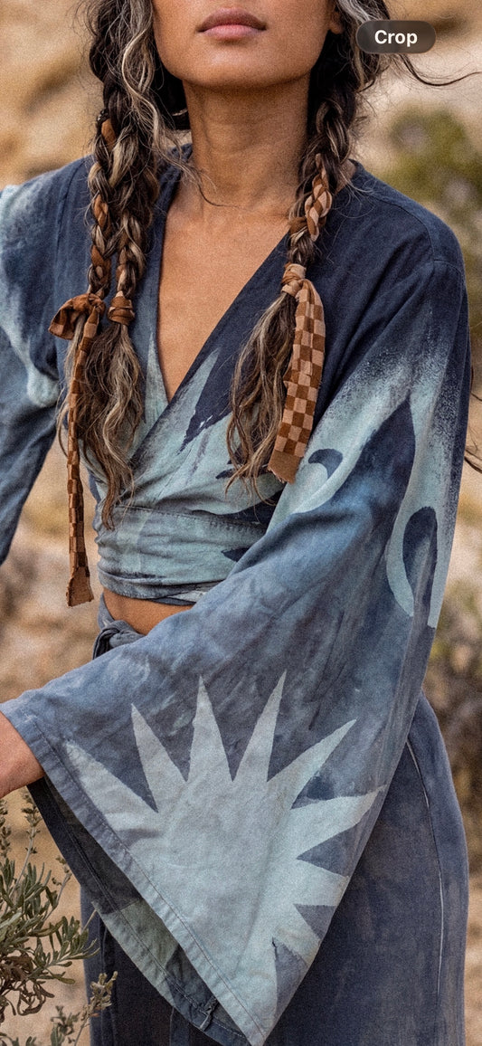 2 RTS- S/M Blue Celestial Burst Temple Swirl - Kimono Wrap Top-- Made From Lotus Agricultural waste "Silk" (Copy)