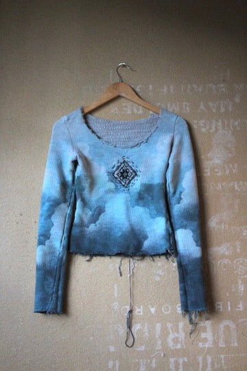 Small - Cloudy Sky Long sleeve Sweater top Integration-limited- Crop is Optional- Hand embroidered details- 70's Hmong hill tribe Handwoven Patch -100% Italian French Terrry Cotton -