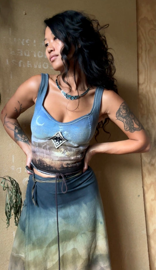 New! XS/S Evening Walk Corset - Integration (center patch 70's handwoven Vietnamese Patch Hmong hill tribe -Corset Top - Thick Sturdy Heavy weight French terry 100% cotton - REGENERAZHINH - Deadstock fabric