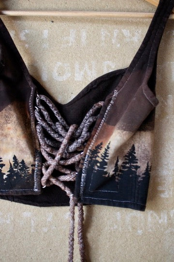 Small - Dark Night Corset Top - Trees landscape - crescent moon- 100% organic heavy weight thick strong french terry - Sturdy