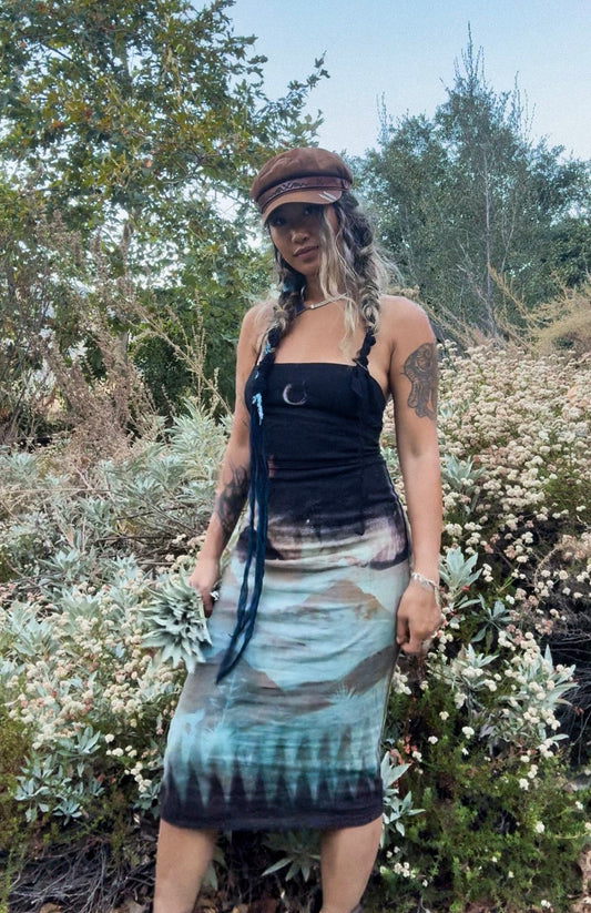 M/L - Midnight Glowing Mountains- Dress - Tie Back & Zipper - 50% Linen 48% Rayon 2% Spndx - Adjustable Straps-Upcycled Regenerazhinh -OOAK - Recommended for Heights 5.6ft and under
